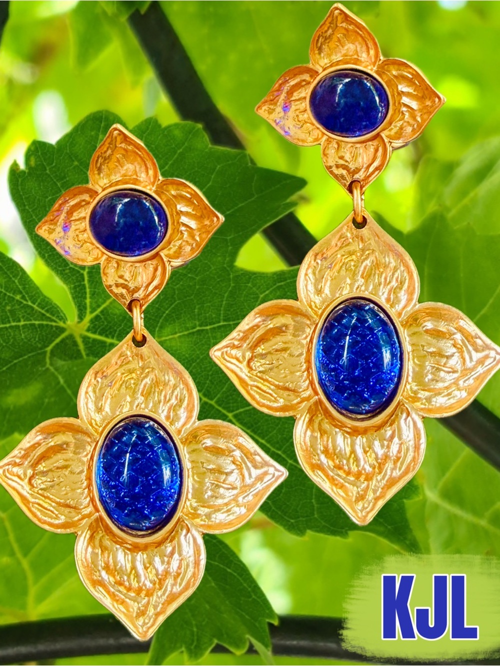 KJL GOLD FLORAL DANGLE DROP EARRINGS/ Deep Royal Blue GLASS CABOCHON ✨CLIP ON✨